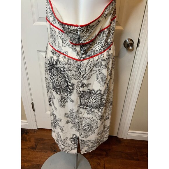 Kay Unger Black & White Floral Geometric Halter Dress W/ Red Piping, Size 12 - Picture 7 of 8